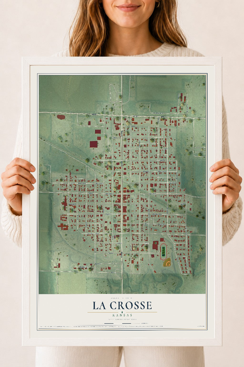 Map of La Crosse, Kansas, 18 x 24 inch print in a white wood frame