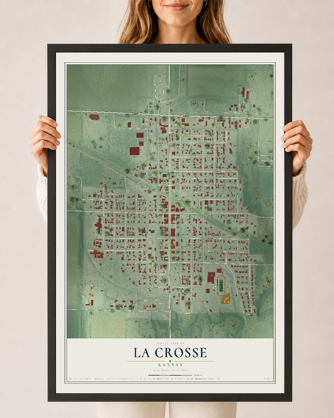 Map of La Crosse, Kansas, 24 x 36 inch print in a black wood frame