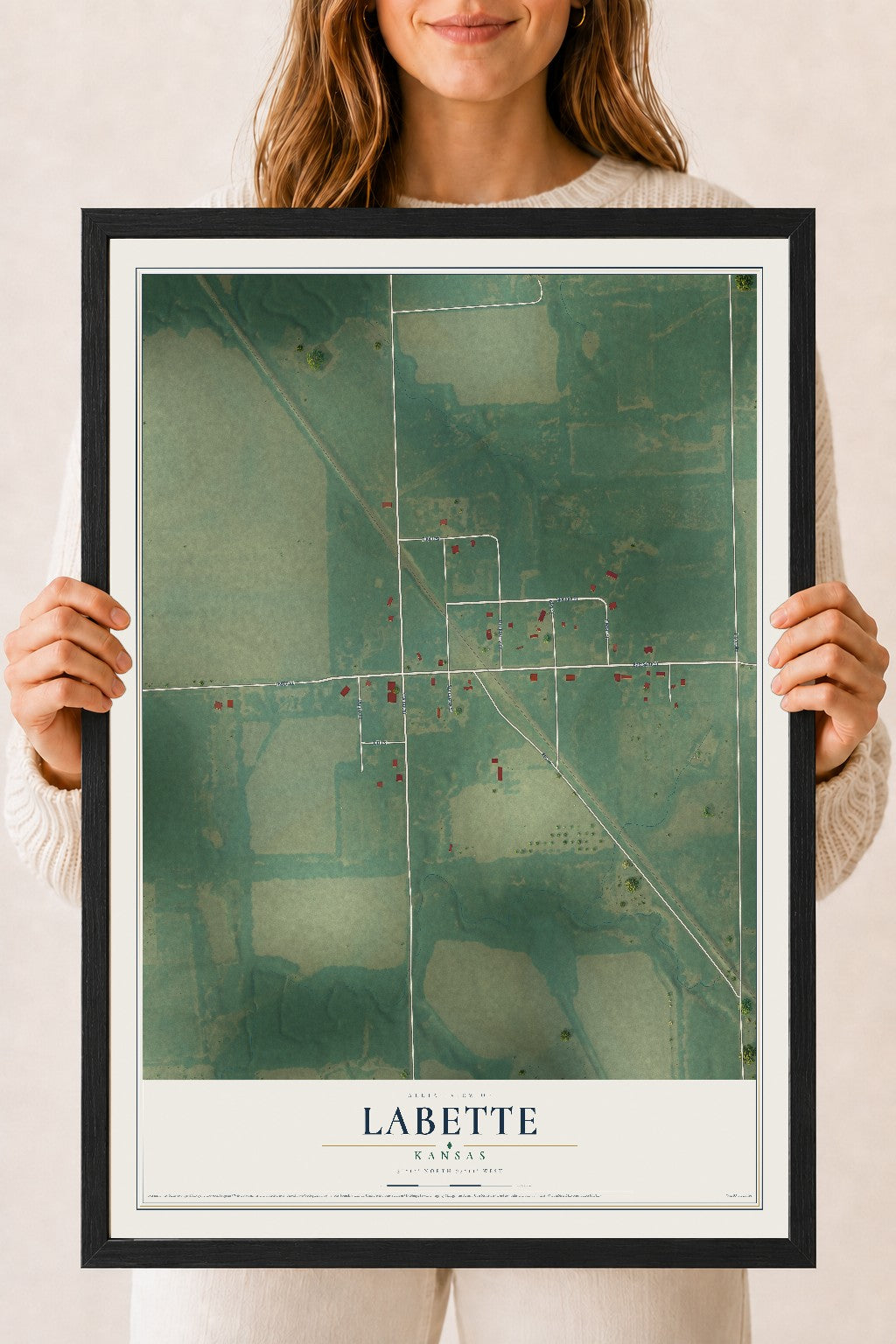 Map of Labette, Kansas, 18 x 24 inch print in a black wood frame