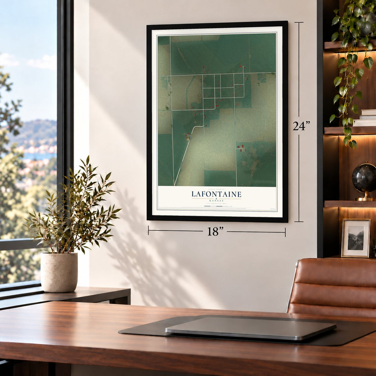 Lafontaine, Kansas map, 18 x 24 inch print in a black frame in a home office