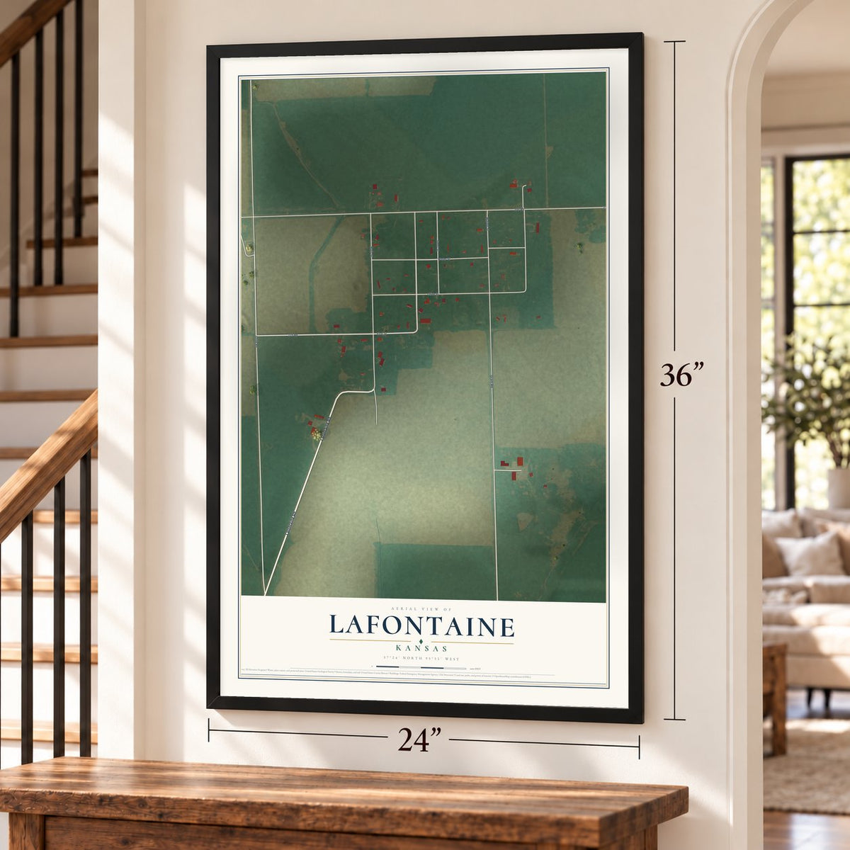 Lafontaine, Kansas map, 24 x 36 inch print in a black frame by a staircase