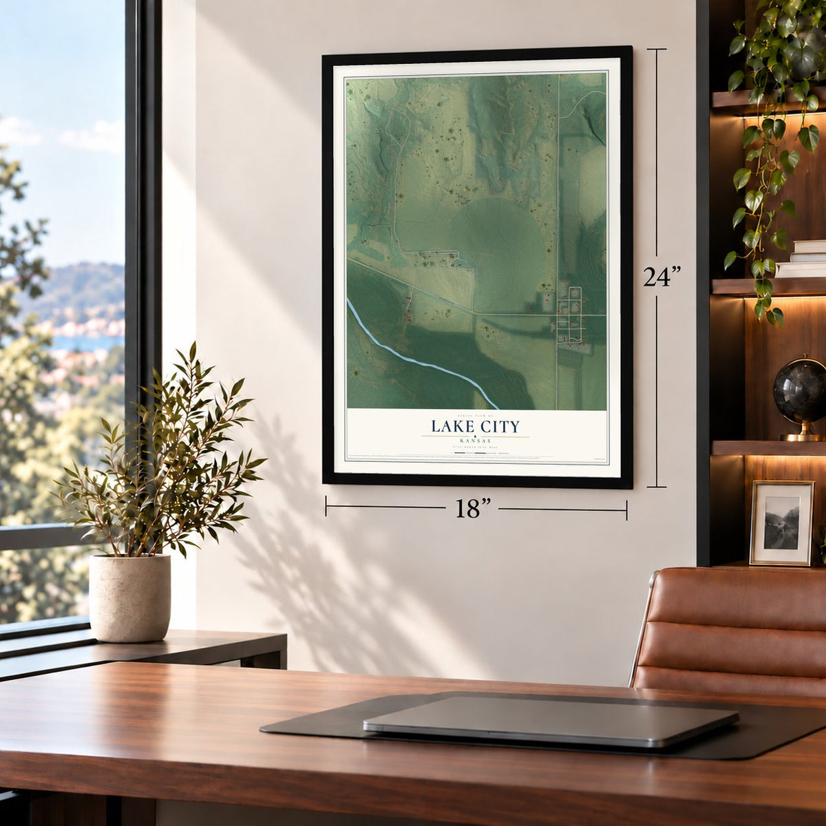 Lake City, Kansas map, 18 x 24 inch print in a black frame in a home office
