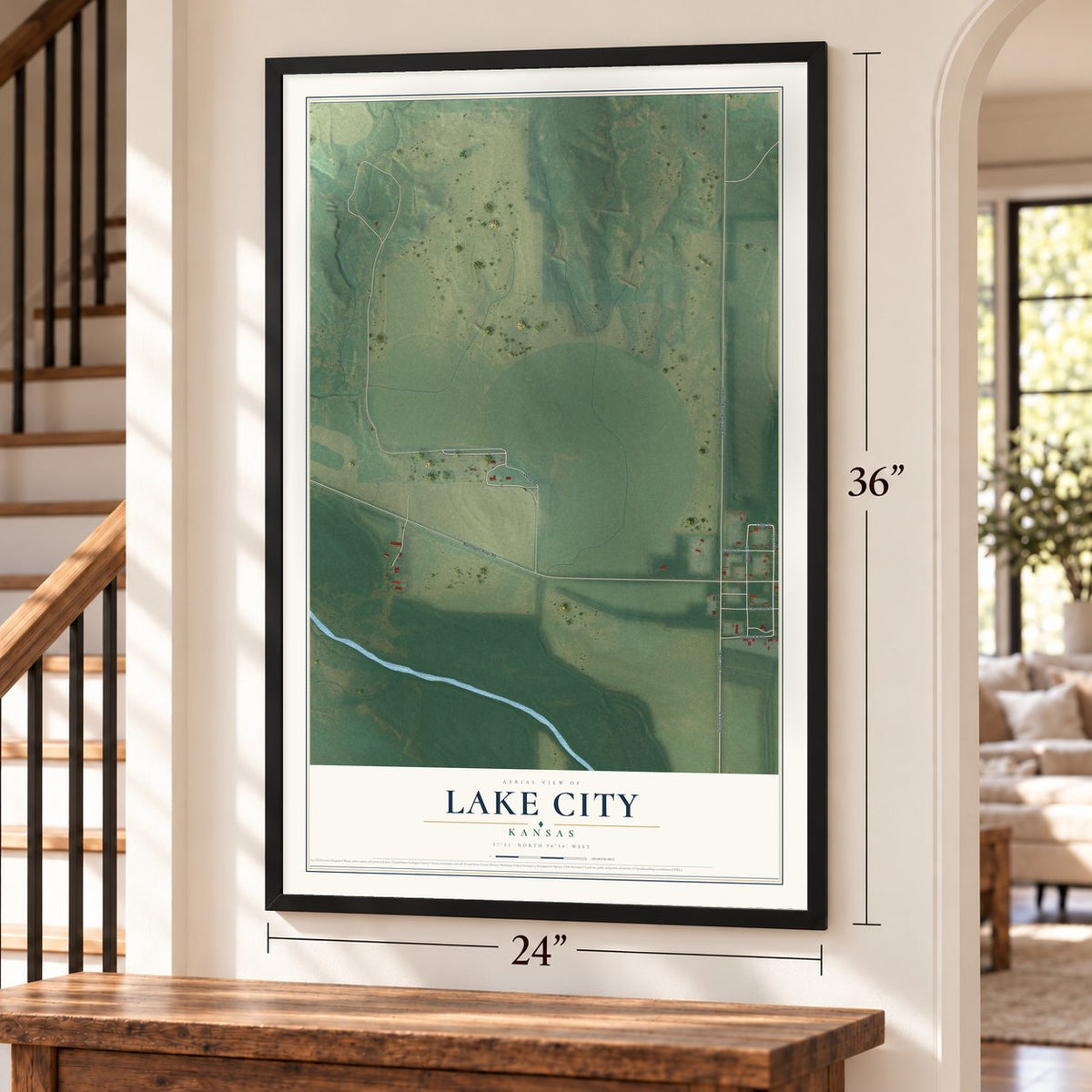 Lake City, Kansas map, 24 x 36 inch print in a black frame by a staircase
