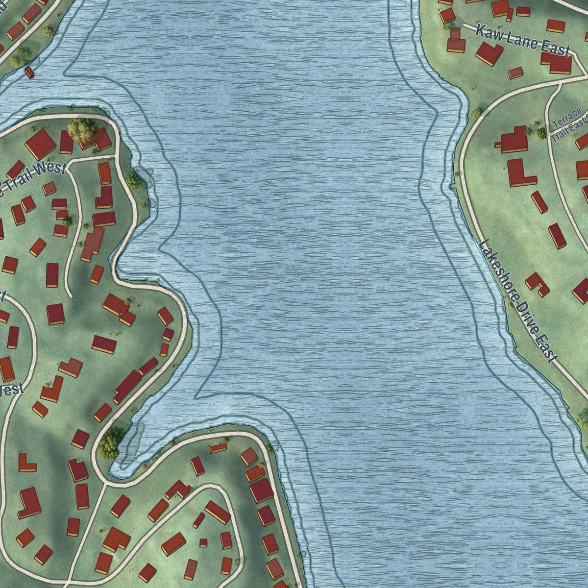 Close-up of the map of Lake Quivira, Kansas print showing street and building detail