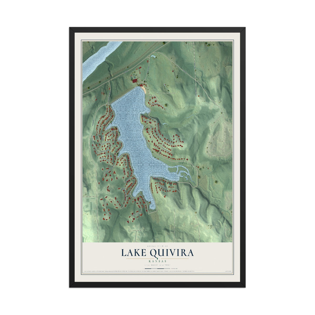 Map of Lake Quivira, Kansas, 12 x 18 inch print in a black wood frame