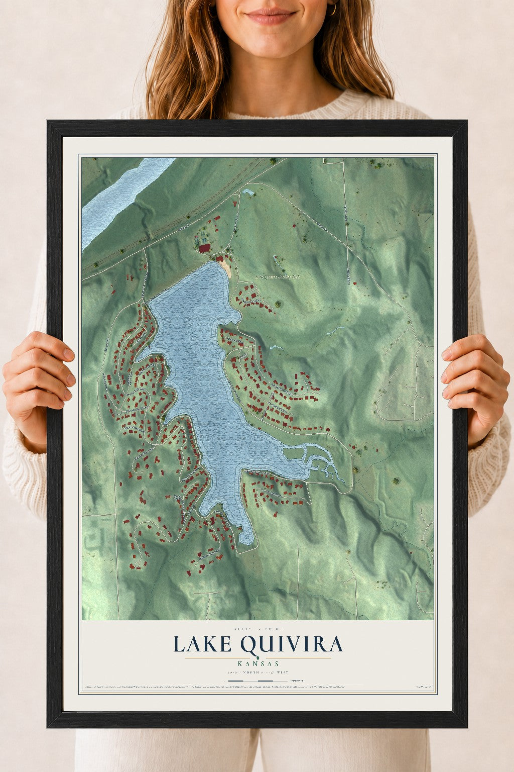 Map of Lake Quivira, Kansas, 18 x 24 inch print in a black wood frame