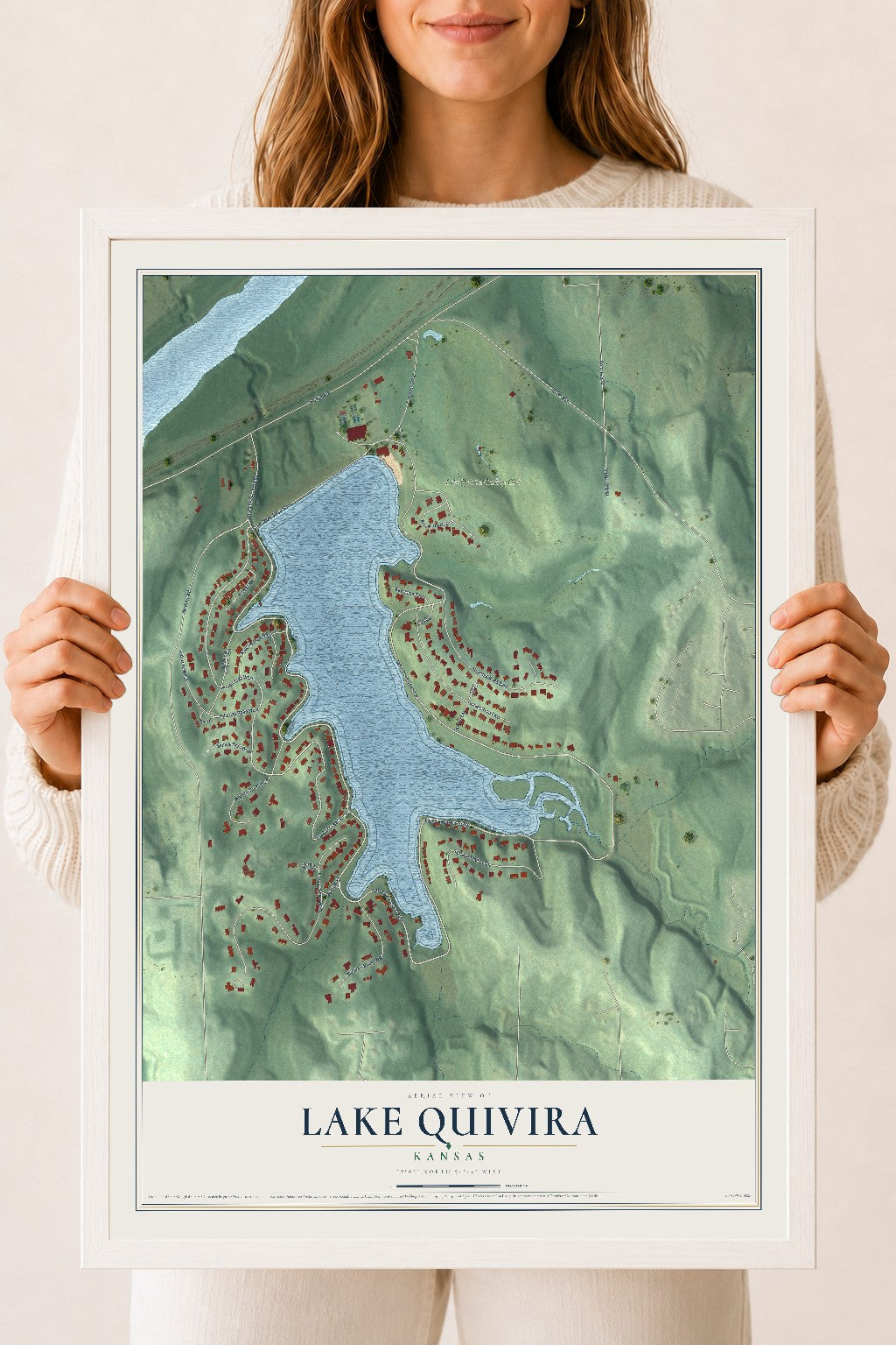 Map of Lake Quivira, Kansas, 18 x 24 inch print in a white wood frame