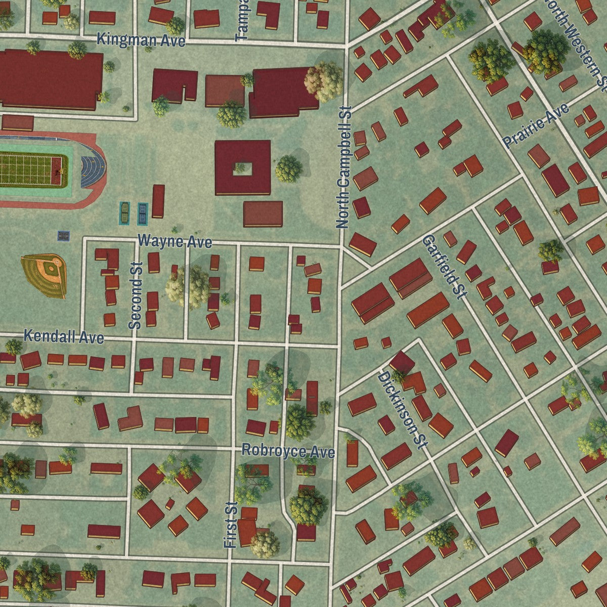 Second close-up of the map of Lakin, Kansas print showing more streets and buildings