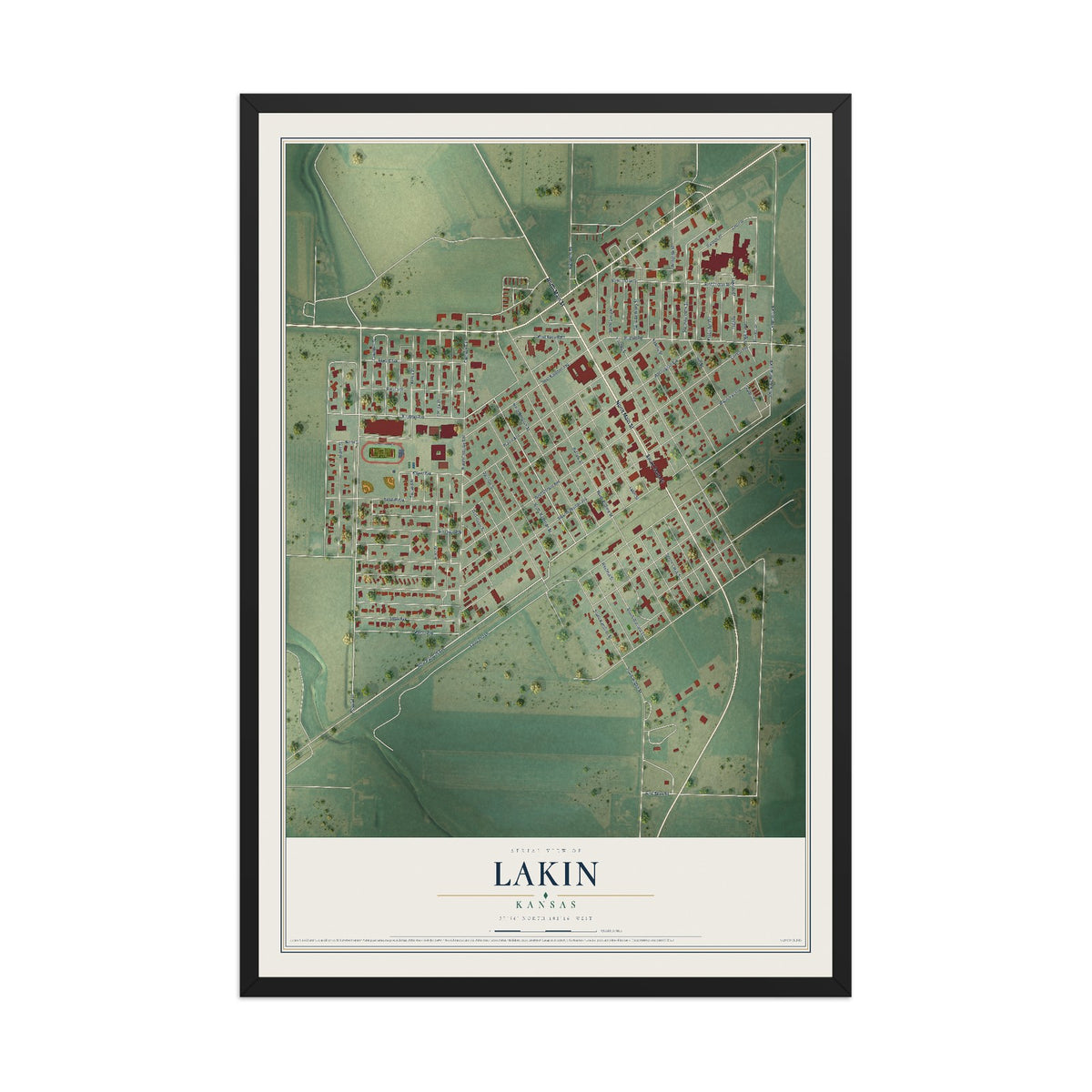 Map of Lakin, Kansas, 12 x 18 inch print in a black wood frame
