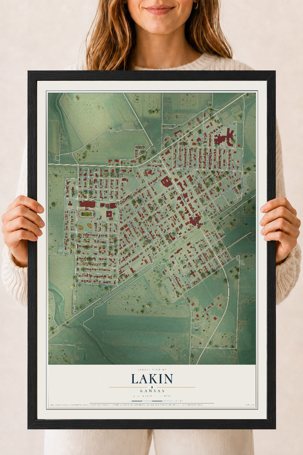 Map of Lakin, Kansas, 18 x 24 inch print in a black wood frame