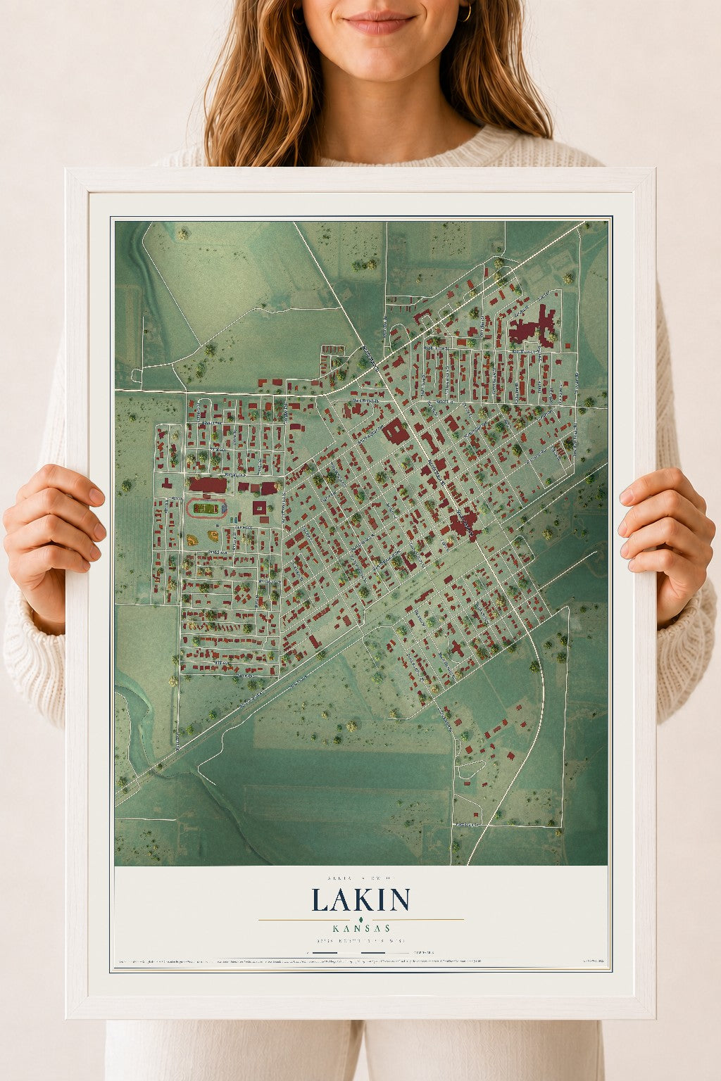 Map of Lakin, Kansas, 18 x 24 inch print in a white wood frame