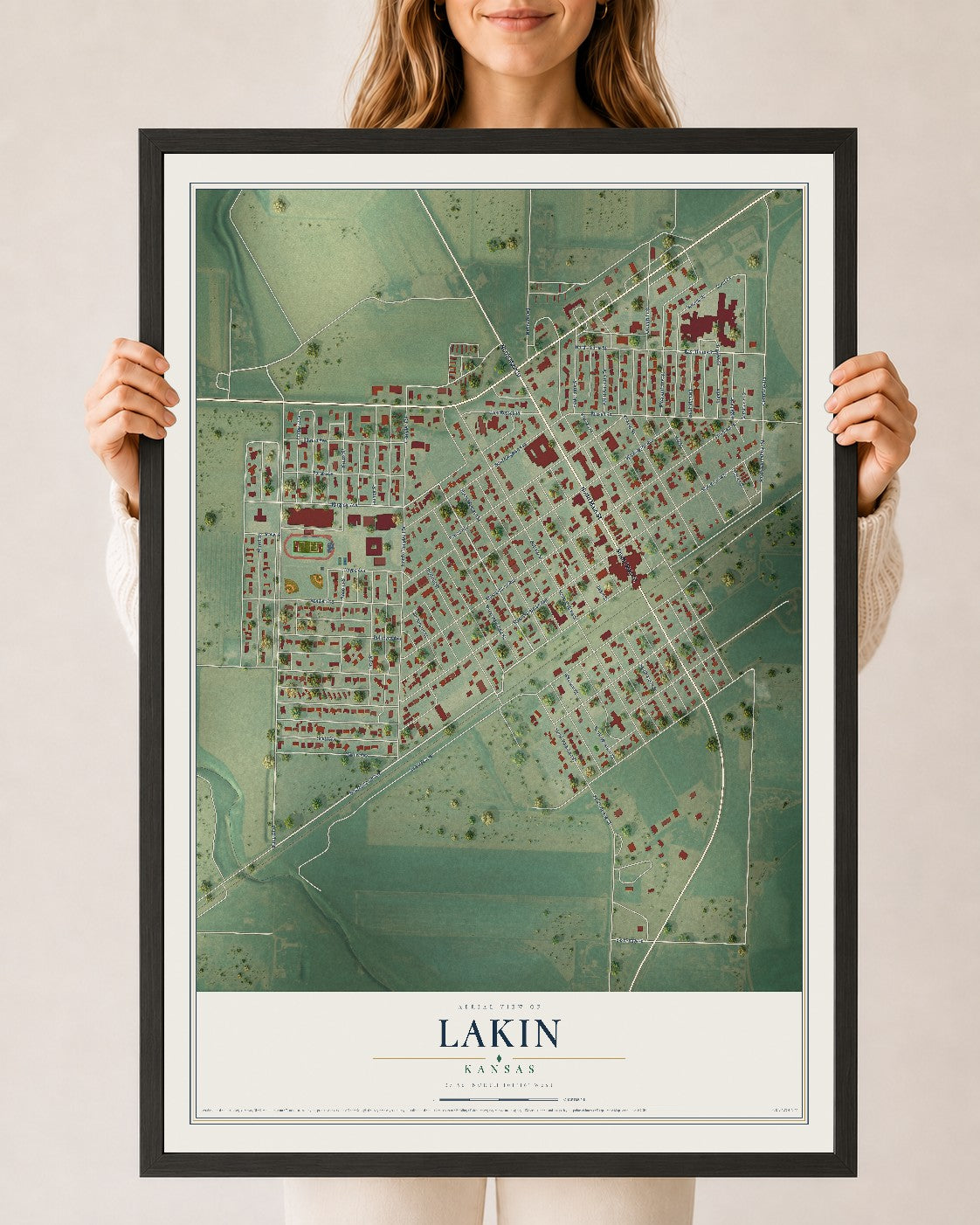 Map of Lakin, Kansas, 24 x 36 inch print in a black wood frame