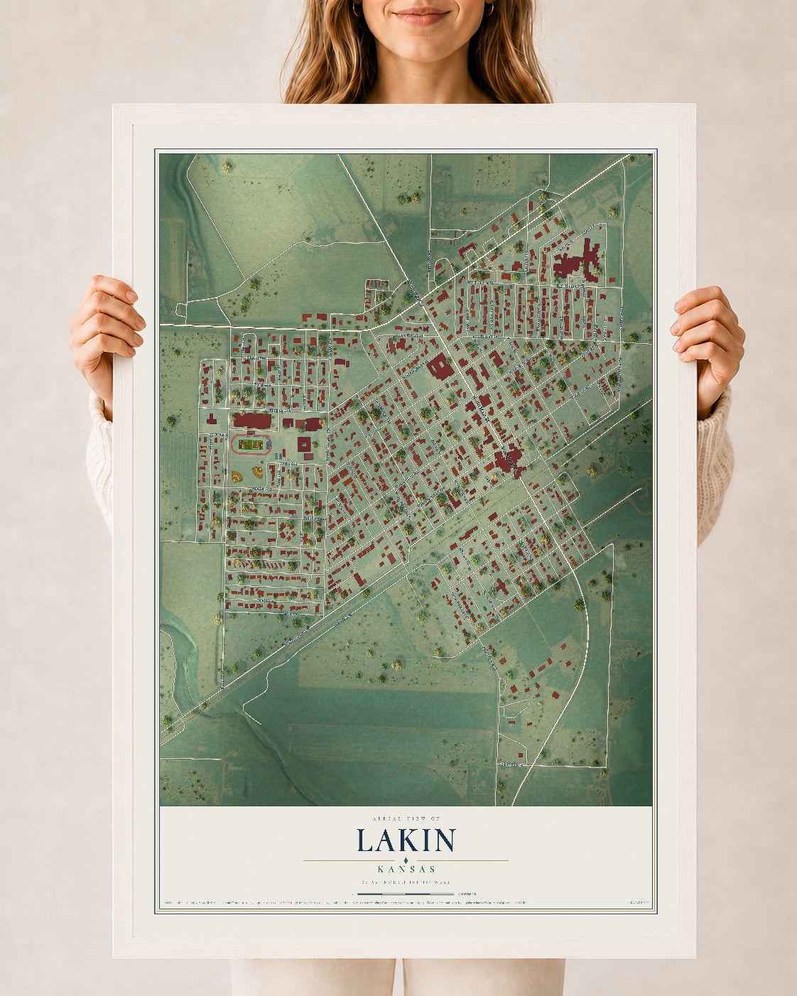 Map of Lakin, Kansas, 24 x 36 inch print in a white wood frame