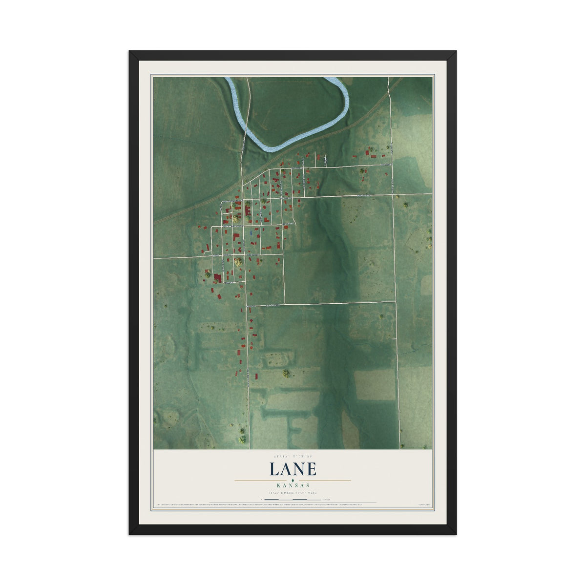 Map of Lane, Kansas, 12 x 18 inch print in a black wood frame