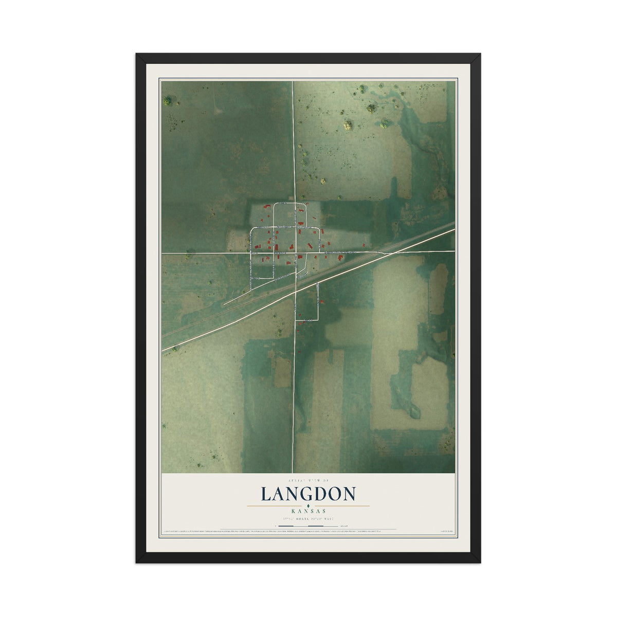 Map of Langdon, Kansas, 12 x 18 inch print in a black wood frame