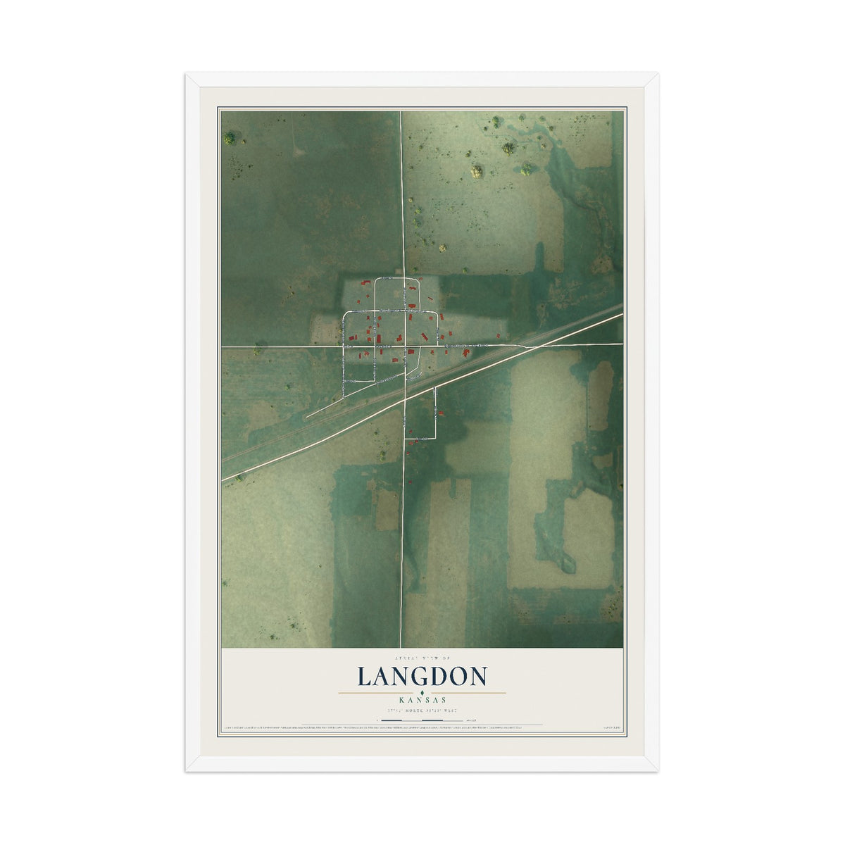 Map of Langdon, Kansas, 12 x 18 inch print in a white wood frame