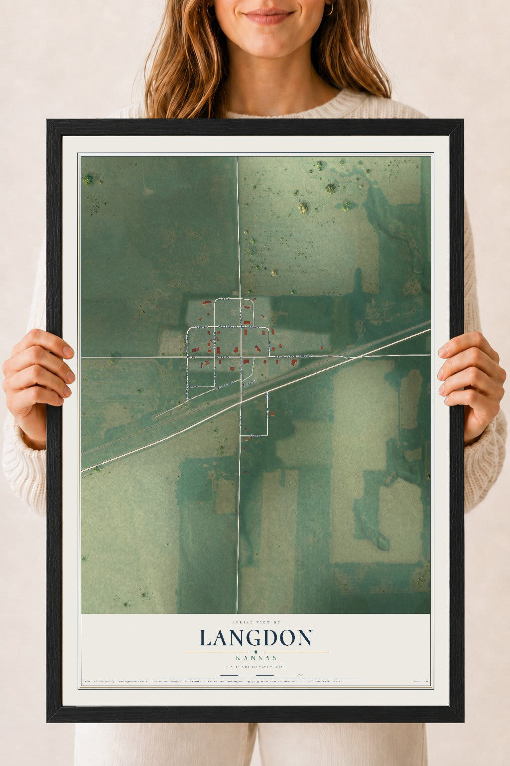Map of Langdon, Kansas, 18 x 24 inch print in a black wood frame