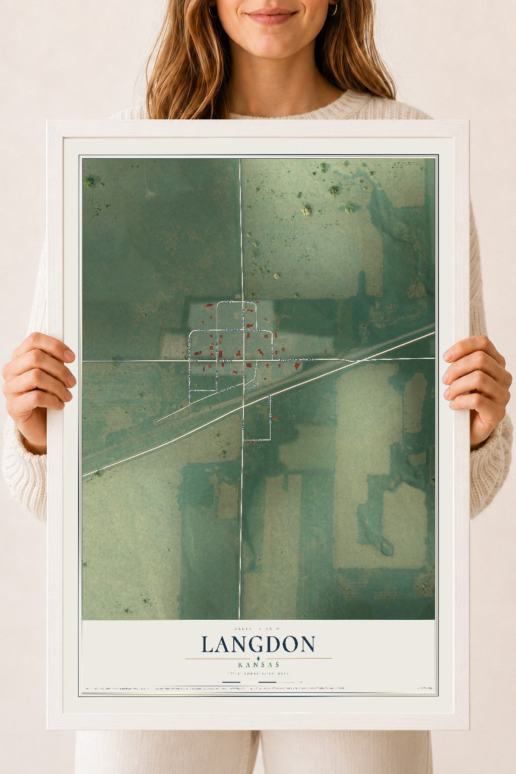 Map of Langdon, Kansas, 18 x 24 inch print in a white wood frame
