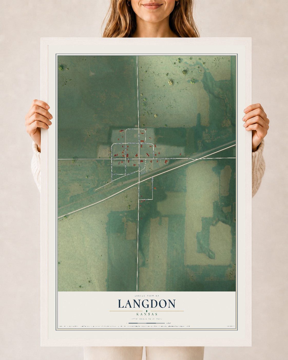 Map of Langdon, Kansas, 24 x 36 inch print in a white wood frame