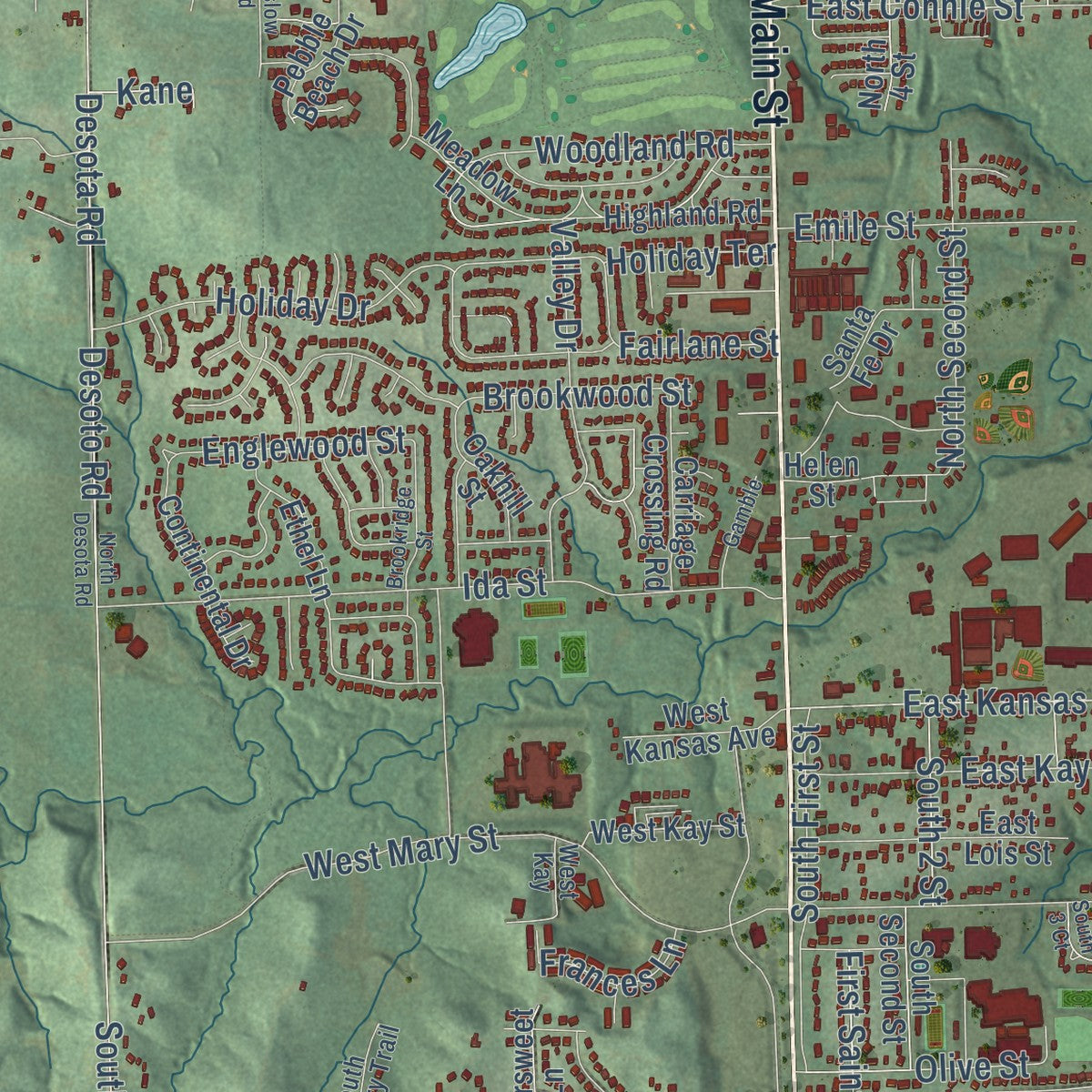 Close-up of the map of Lansing, Kansas print showing street and building detail