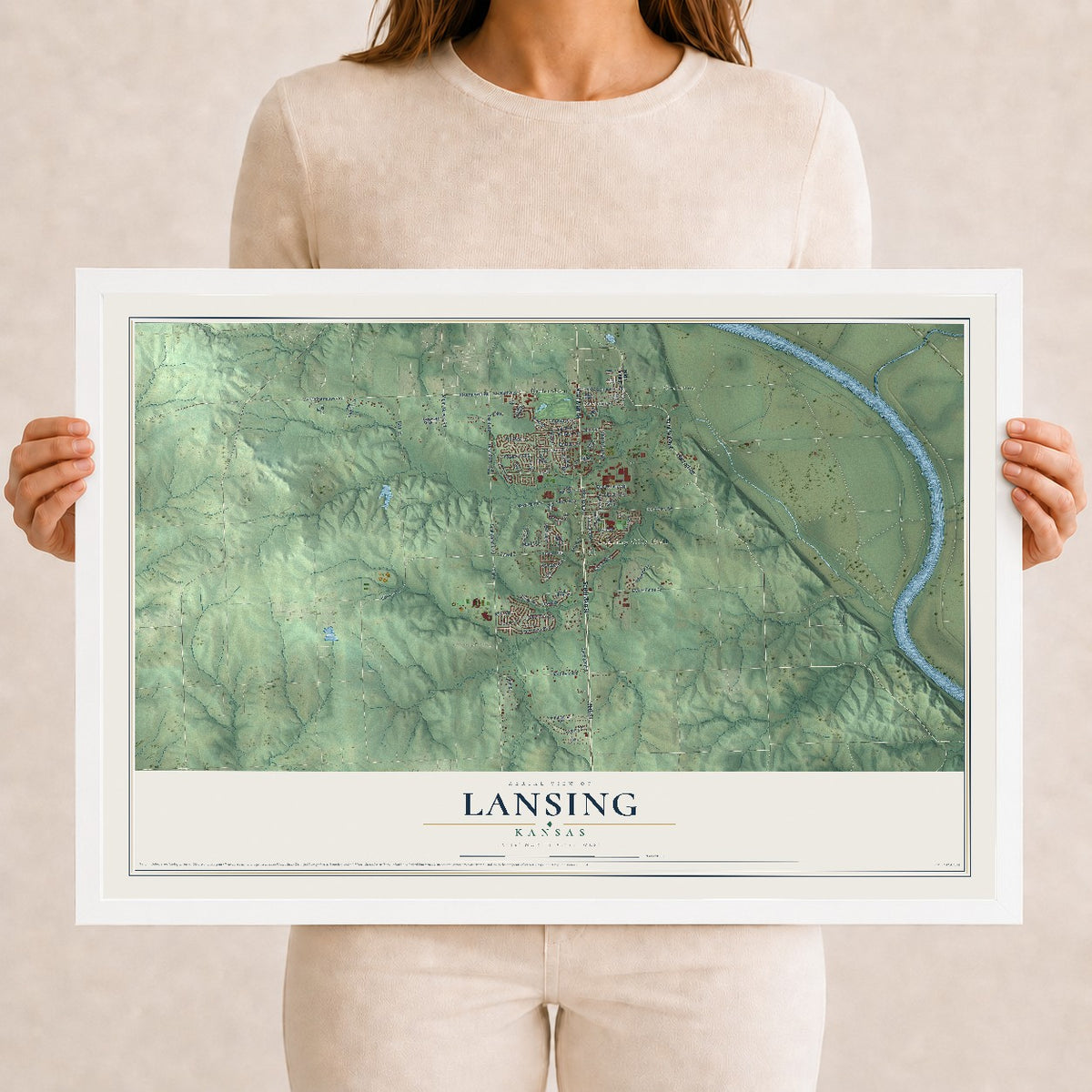 Map of Lansing, Kansas, 12 x 18 inch print in a white wood frame