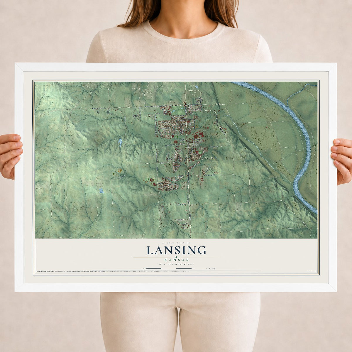 Map of Lansing, Kansas, 18 x 24 inch print in a white wood frame