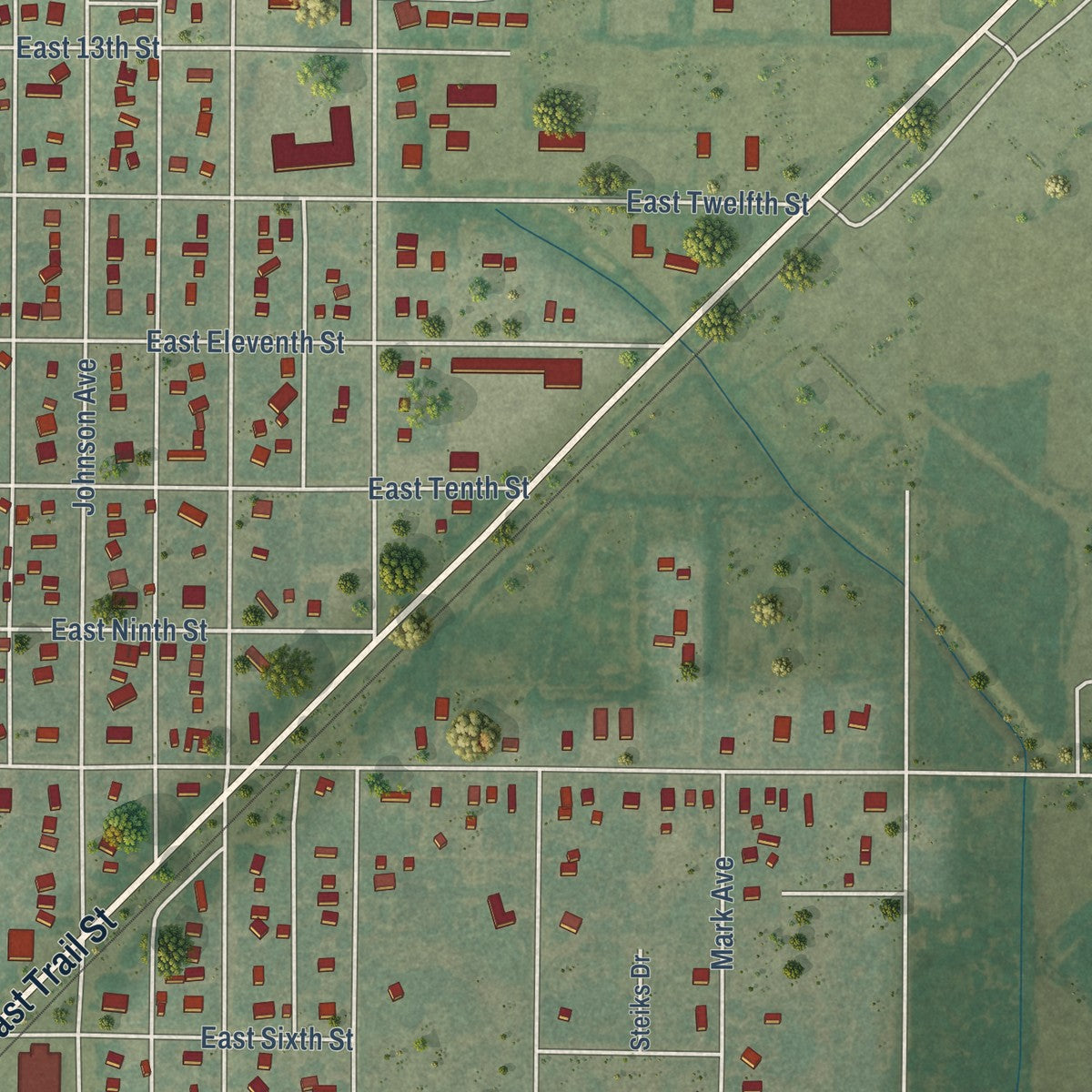 Second close-up of the map of Larned, Kansas print showing more streets and buildings