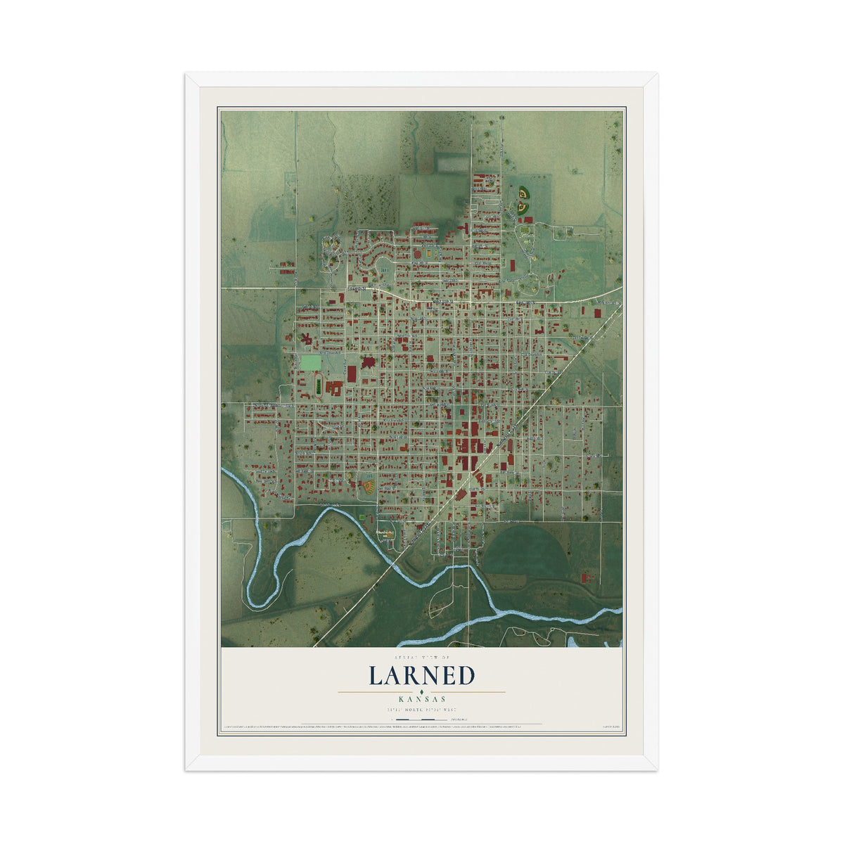 Map of Larned, Kansas, 12 x 18 inch print in a white wood frame