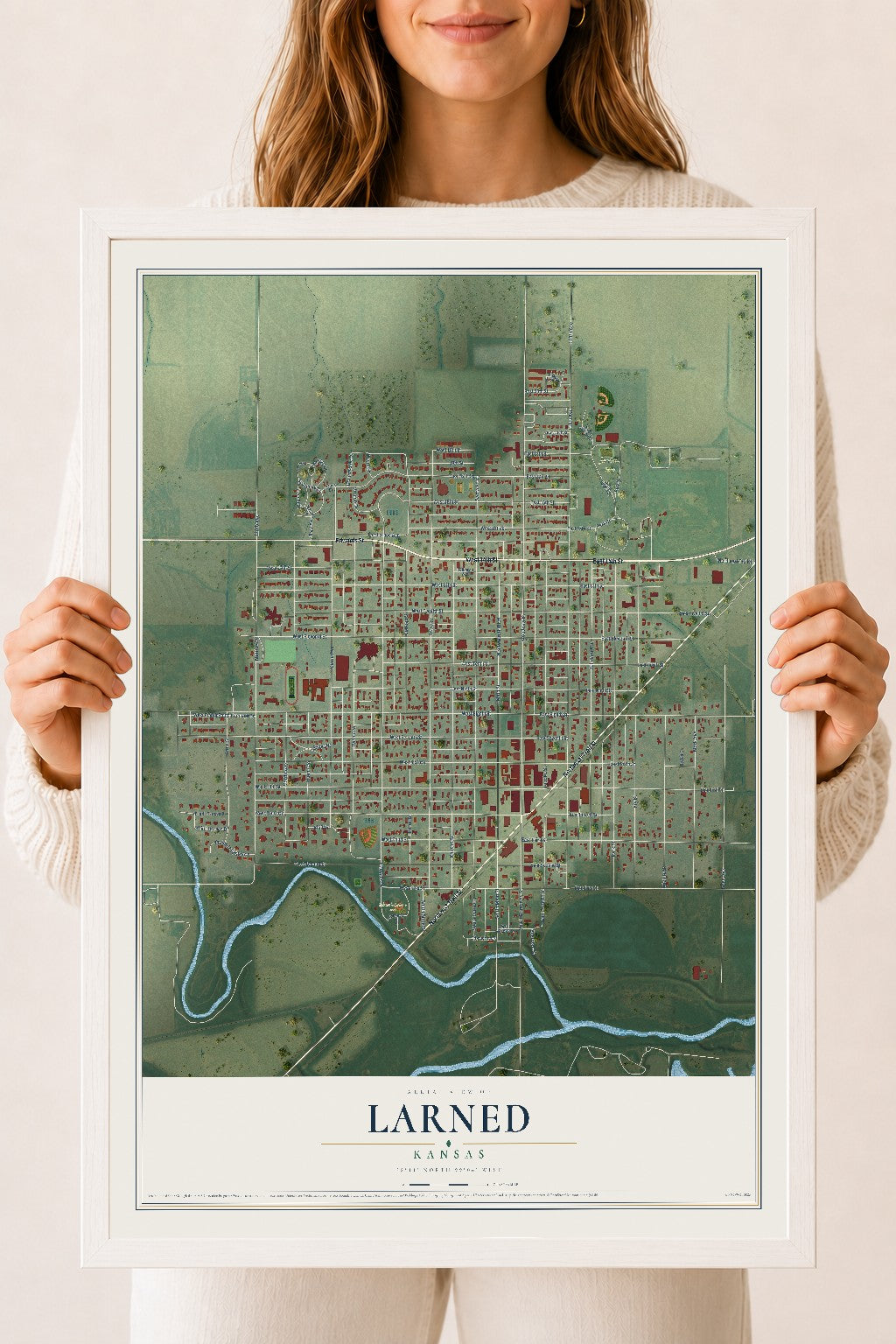 Map of Larned, Kansas, 18 x 24 inch print in a white wood frame