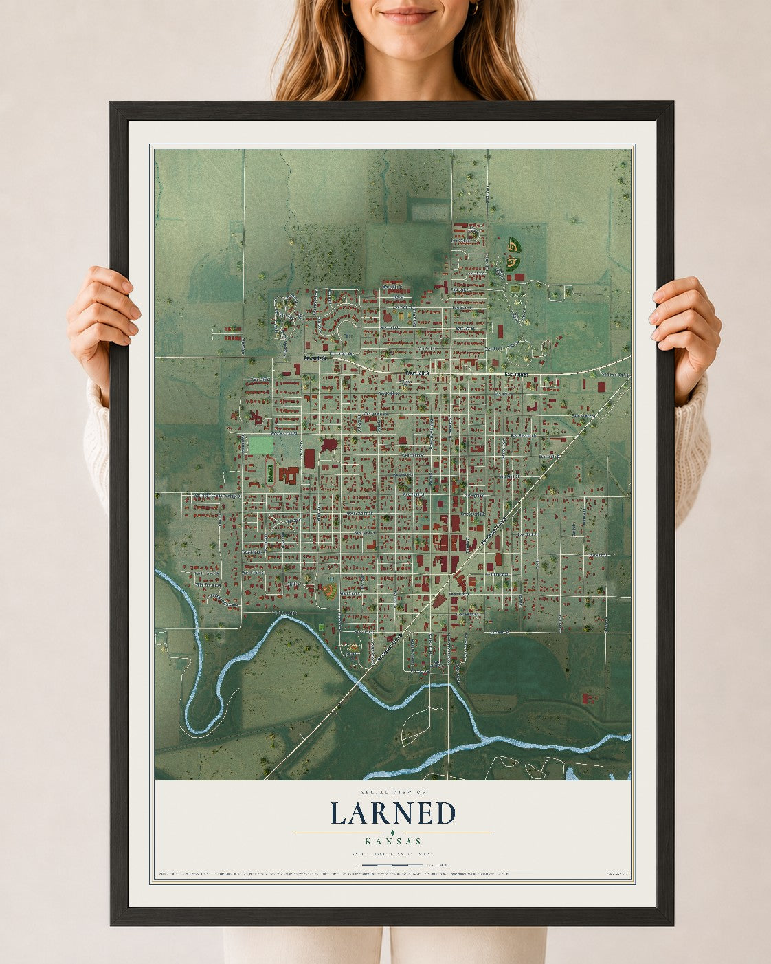 Map of Larned, Kansas, 24 x 36 inch print in a black wood frame