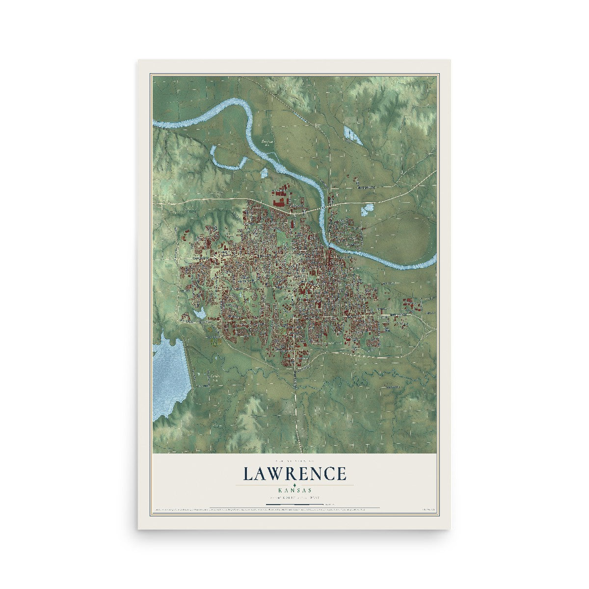 Map of Lawrence, Kansas, 12 x 18 inch unframed archival matte print