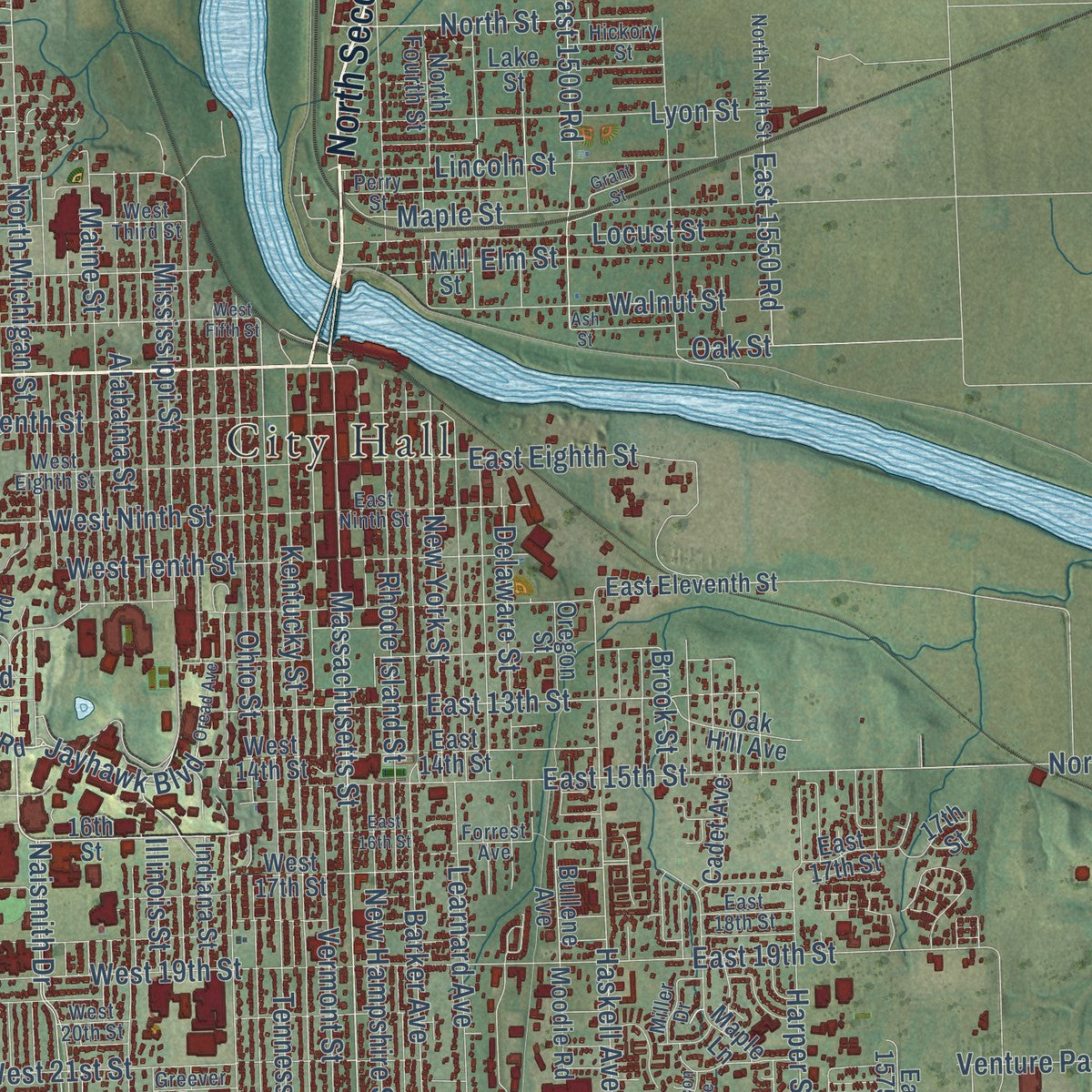 Second close-up of the map of Lawrence, Kansas print showing more streets and buildings