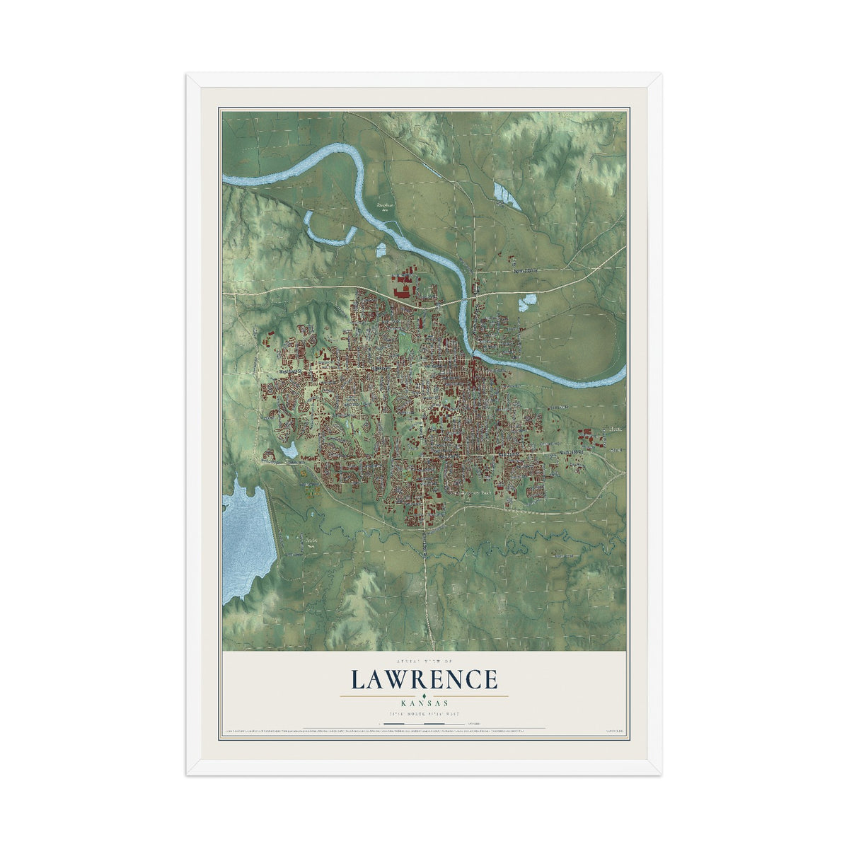 Map of Lawrence, Kansas, 12 x 18 inch print in a white wood frame