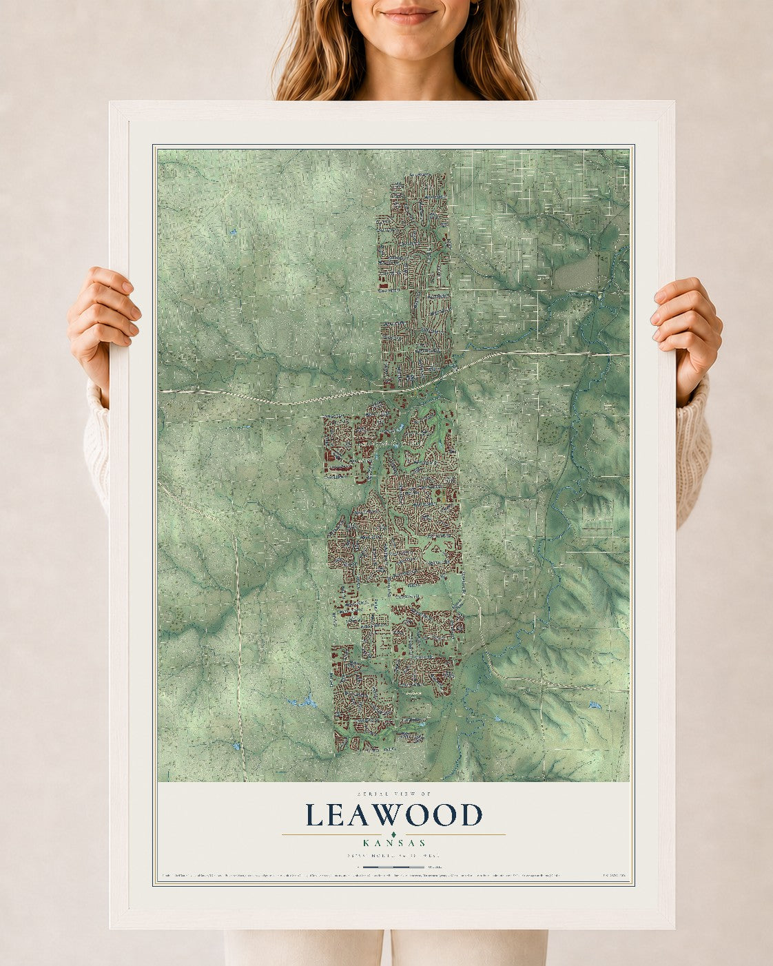 Map of Leawood, Kansas, 24 x 36 inch print in a white wood frame