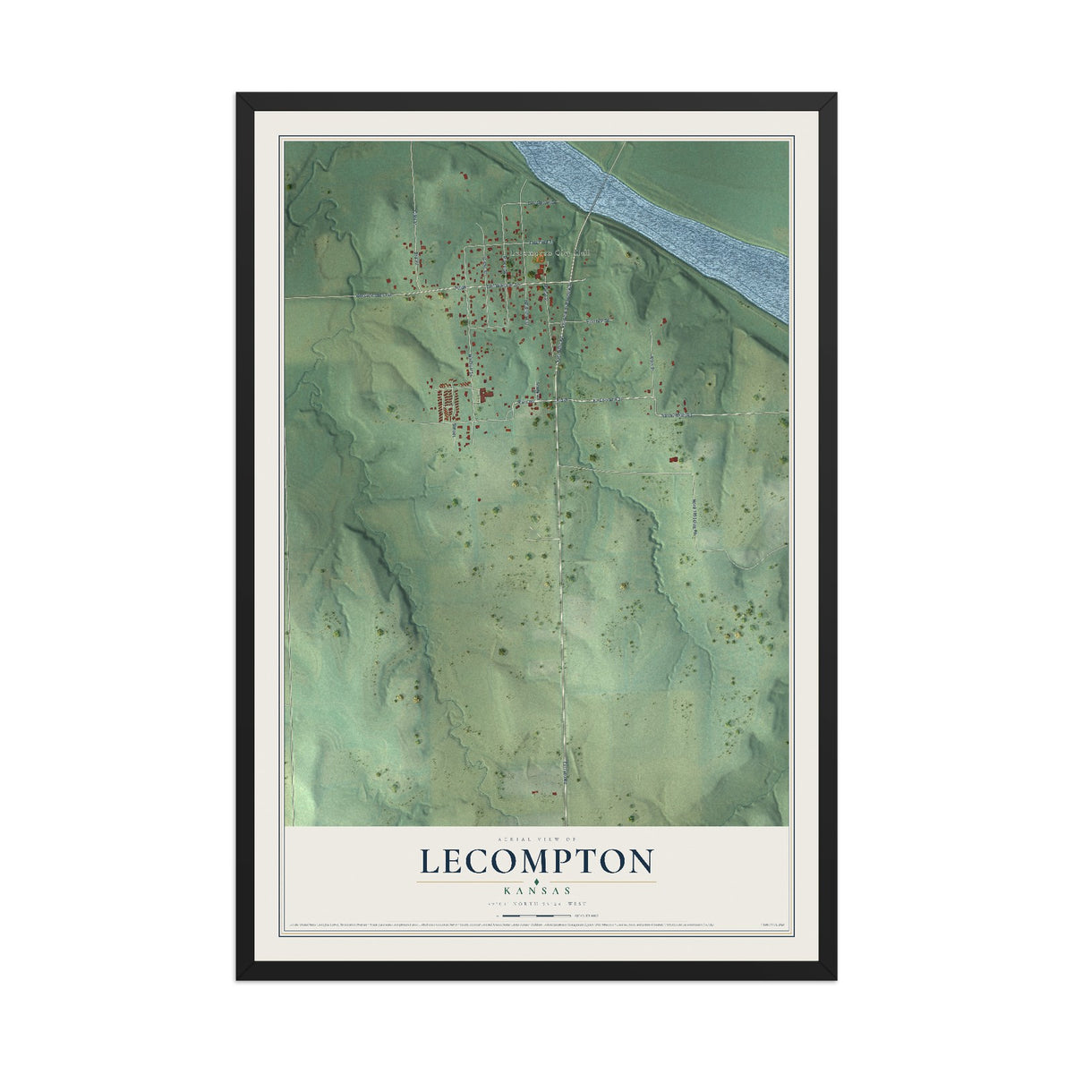 Map of Lecompton, Kansas, 12 x 18 inch print in a black wood frame