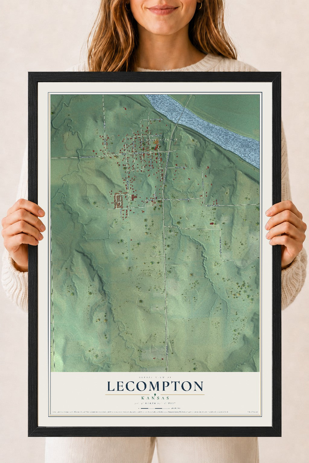 Map of Lecompton, Kansas, 18 x 24 inch print in a black wood frame