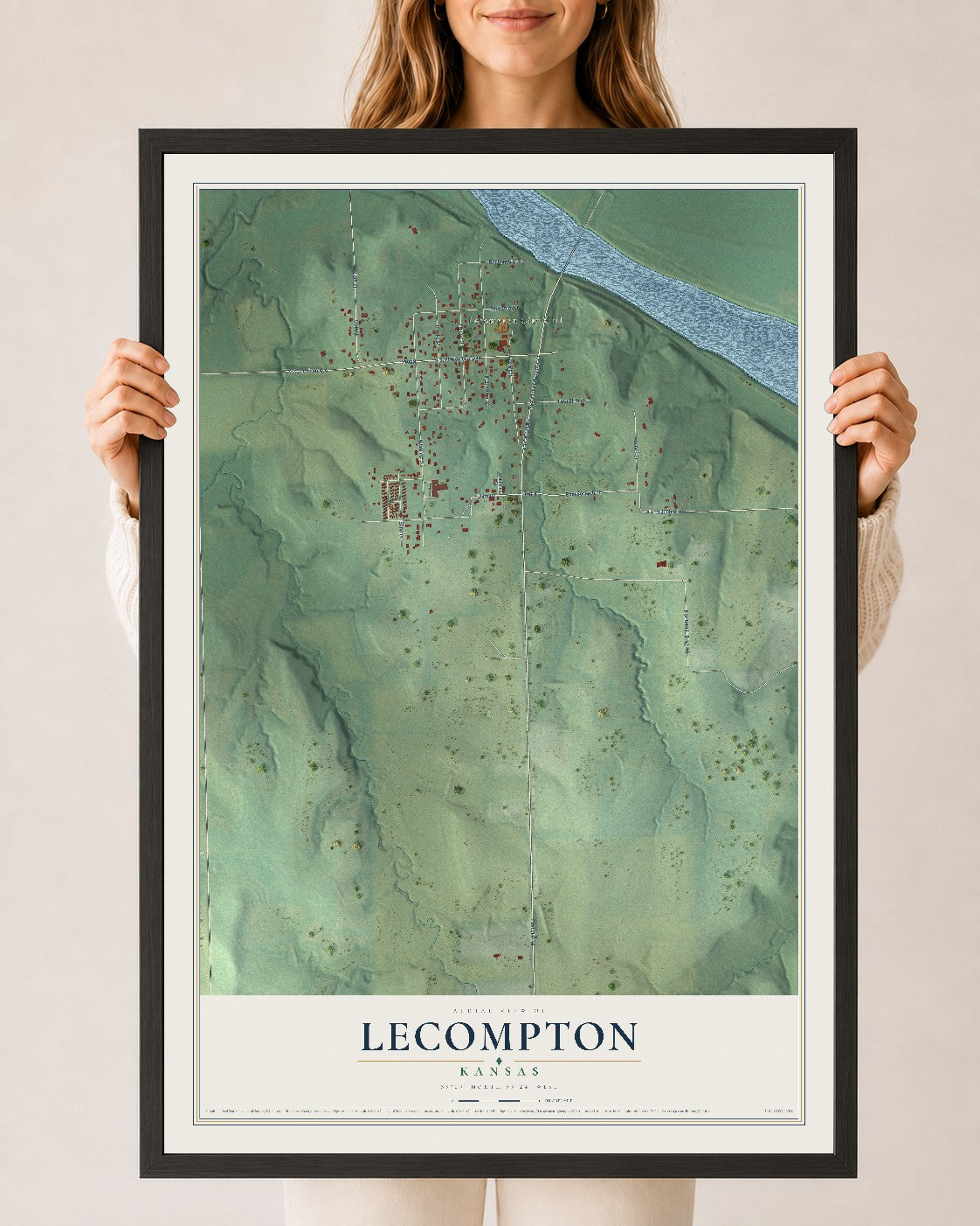Map of Lecompton, Kansas, 24 x 36 inch print in a black wood frame