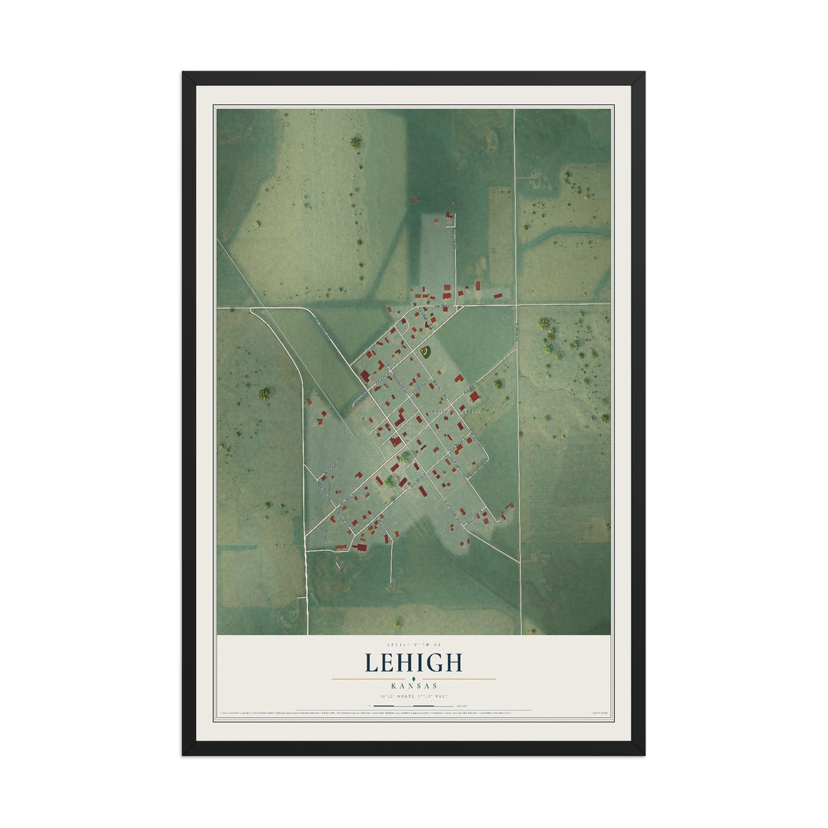 Map of Lehigh, Kansas, 12 x 18 inch print in a black wood frame