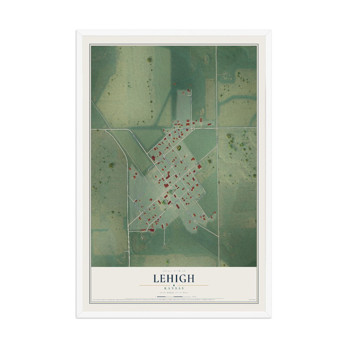 Map of Lehigh, Kansas, 12 x 18 inch print in a white wood frame