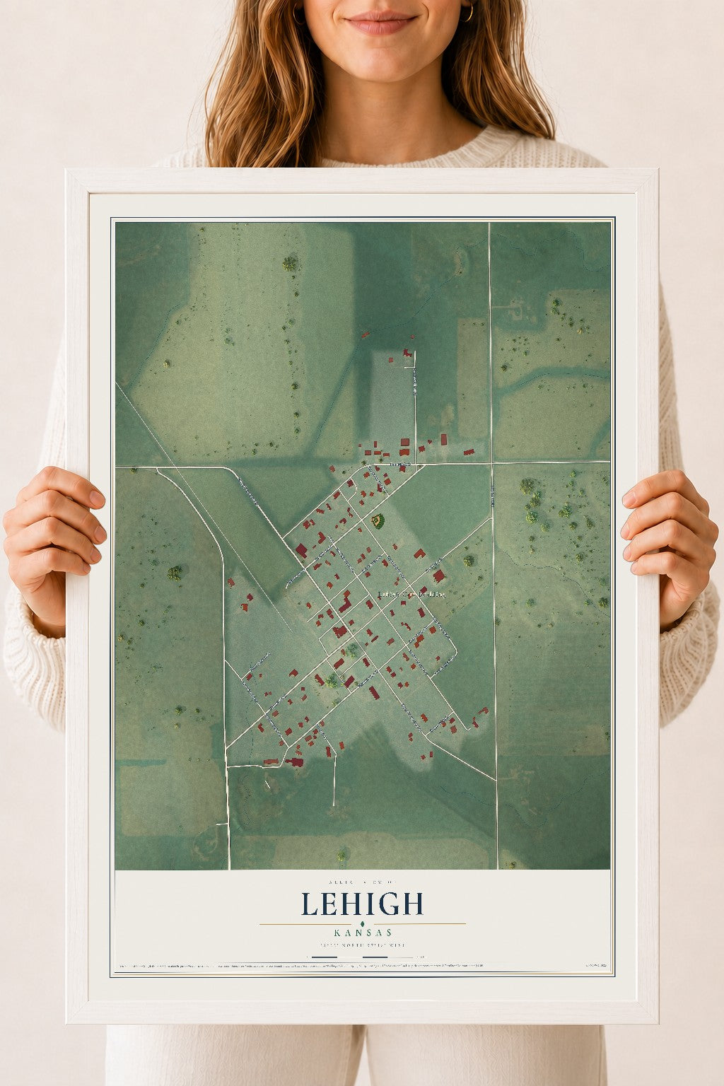 Map of Lehigh, Kansas, 18 x 24 inch print in a white wood frame