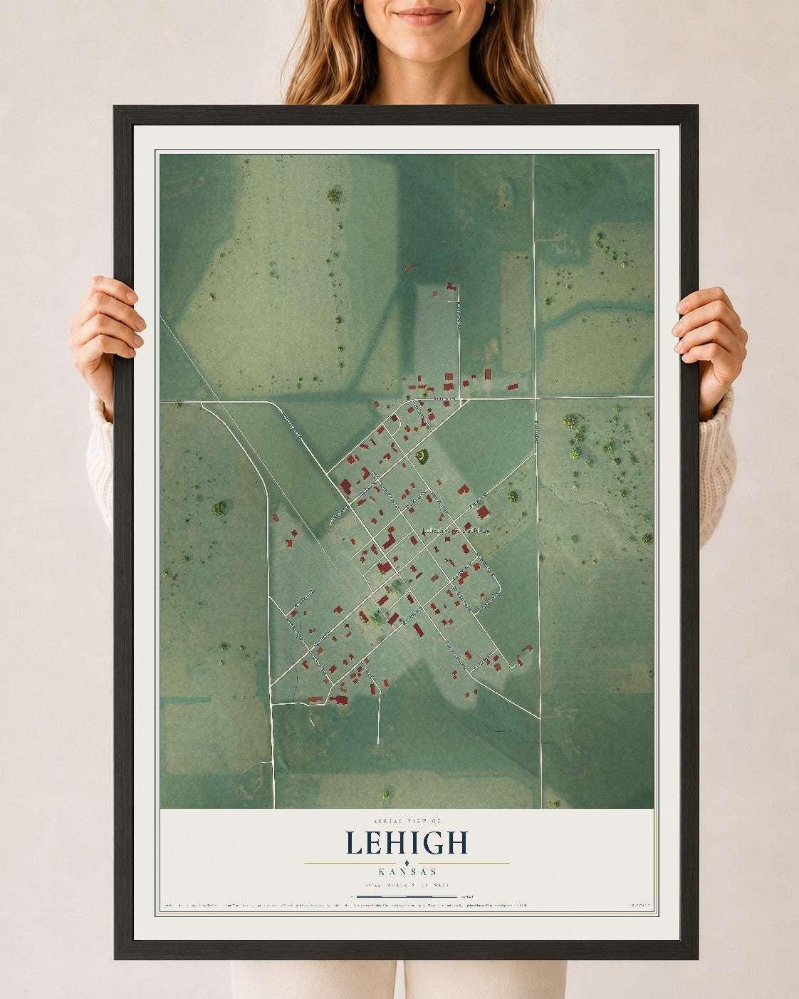 Map of Lehigh, Kansas, 24 x 36 inch print in a black wood frame