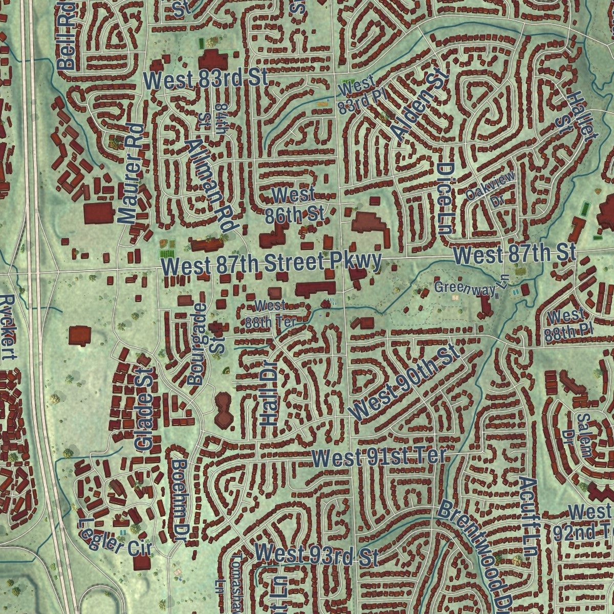 Close-up of the map of Lenexa, Kansas print showing street and building detail
