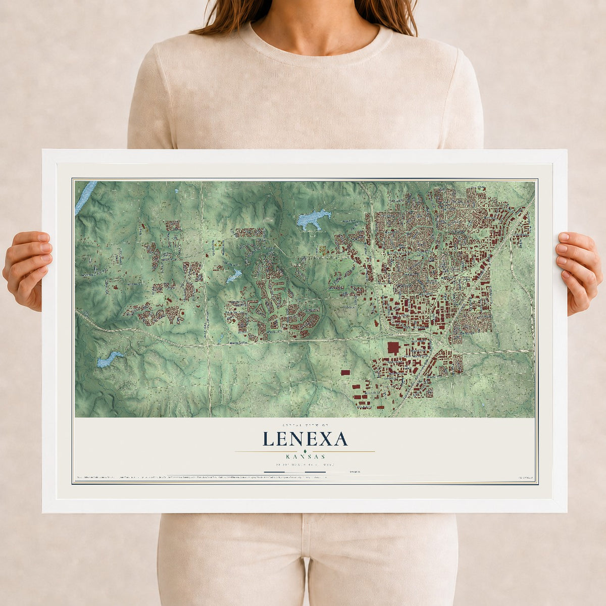 Map of Lenexa, Kansas, 12 x 18 inch print in a white wood frame
