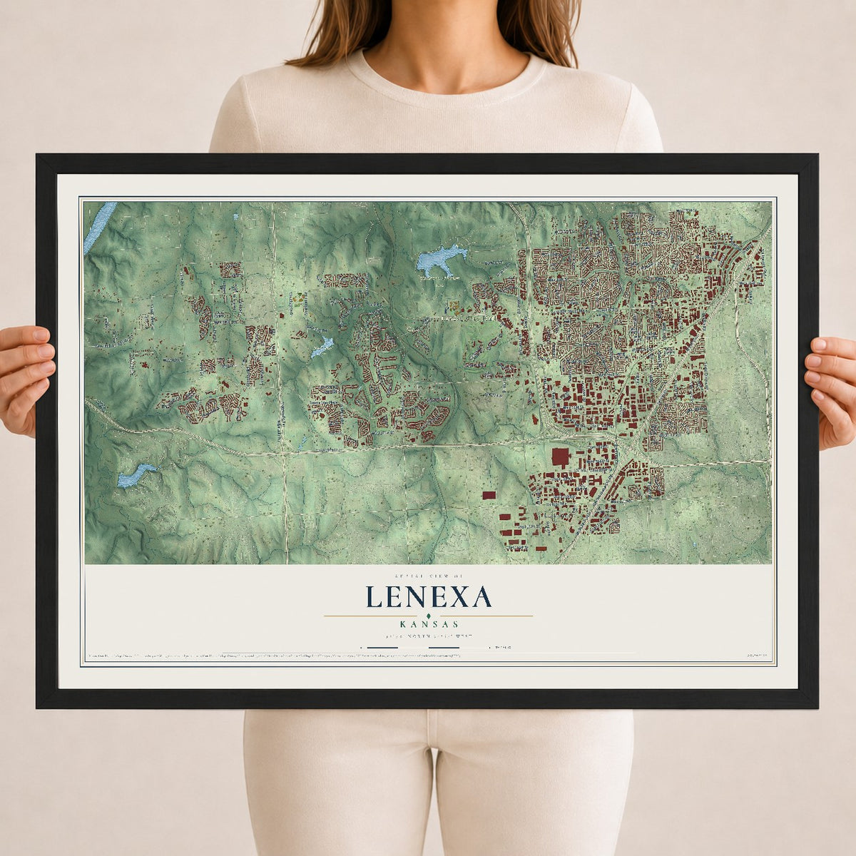 Map of Lenexa, Kansas, 18 x 24 inch print in a black wood frame