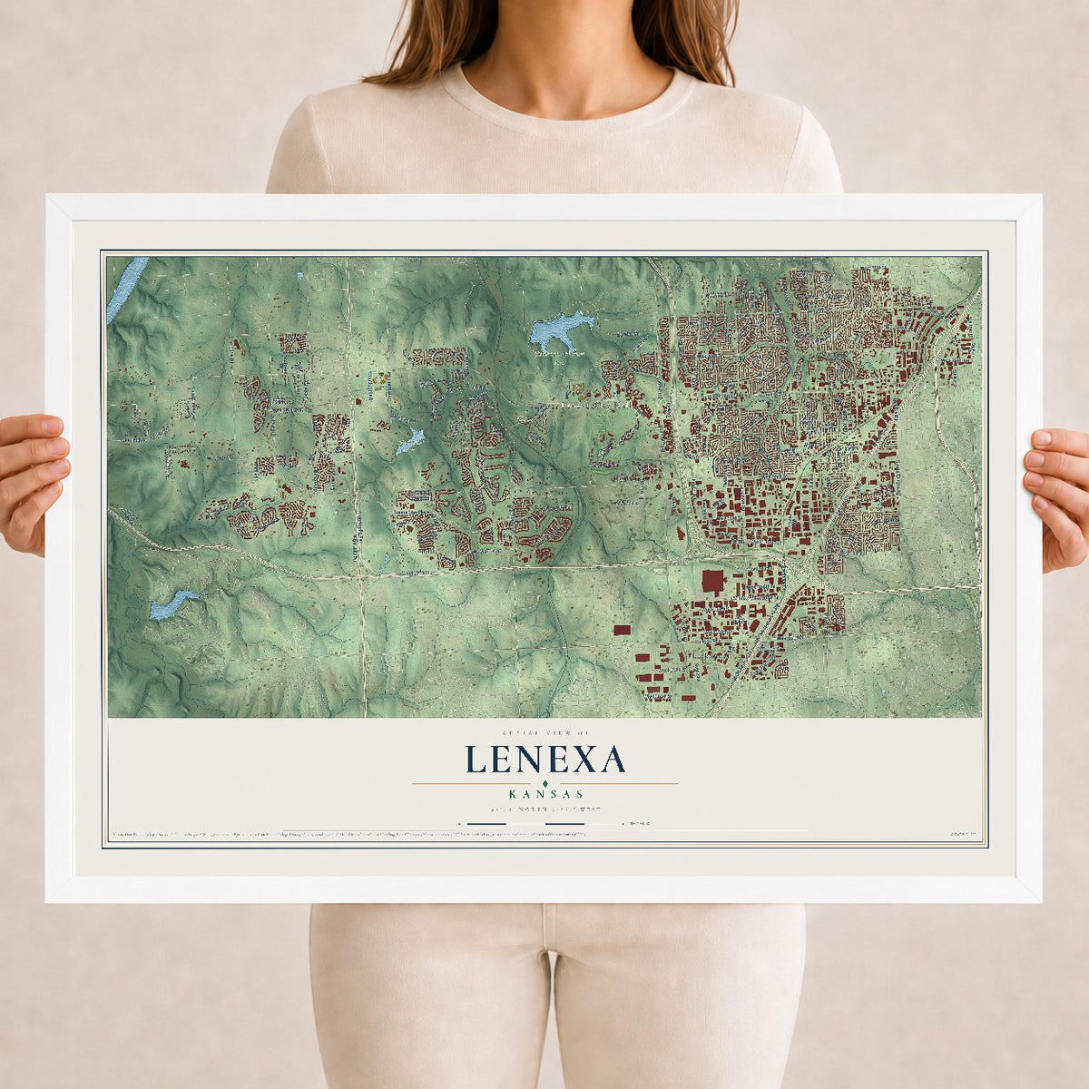 Map of Lenexa, Kansas, 18 x 24 inch print in a white wood frame