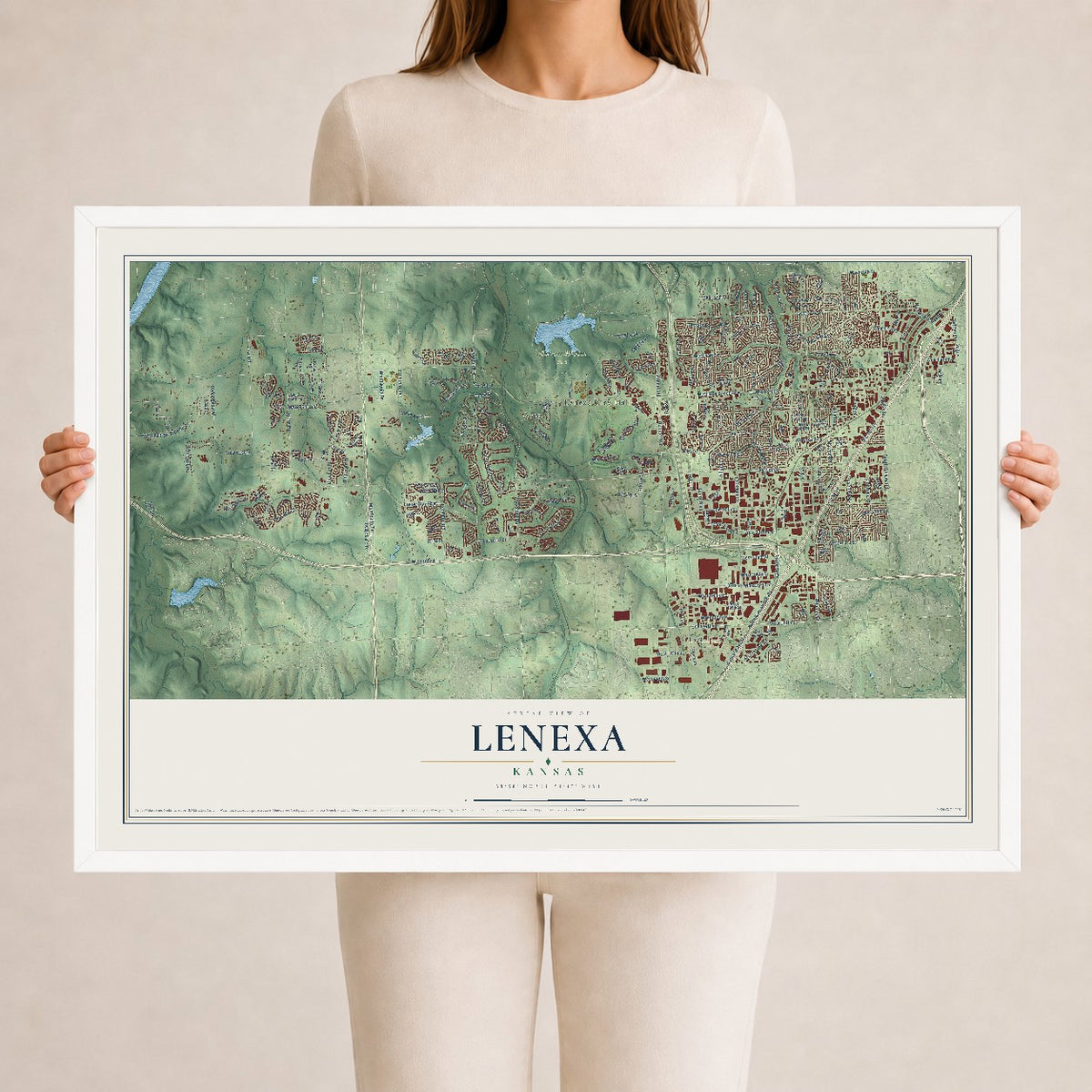 Map of Lenexa, Kansas, 24 x 36 inch print in a white wood frame