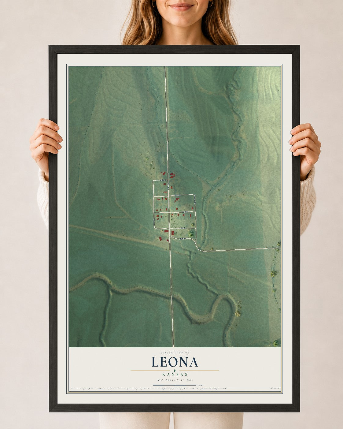 Map of Leona, Kansas, 24 x 36 inch print in a black wood frame