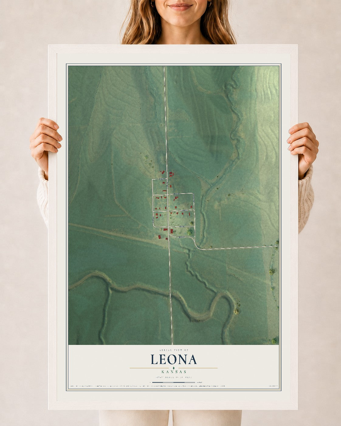 Map of Leona, Kansas, 24 x 36 inch print in a white wood frame