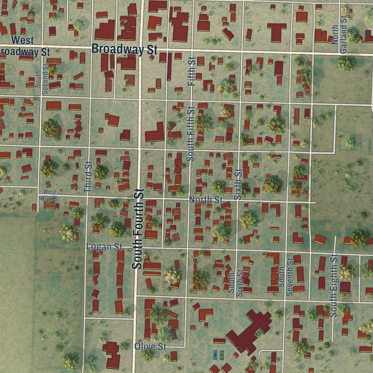 Close-up of the map of Leoti, Kansas print showing street and building detail