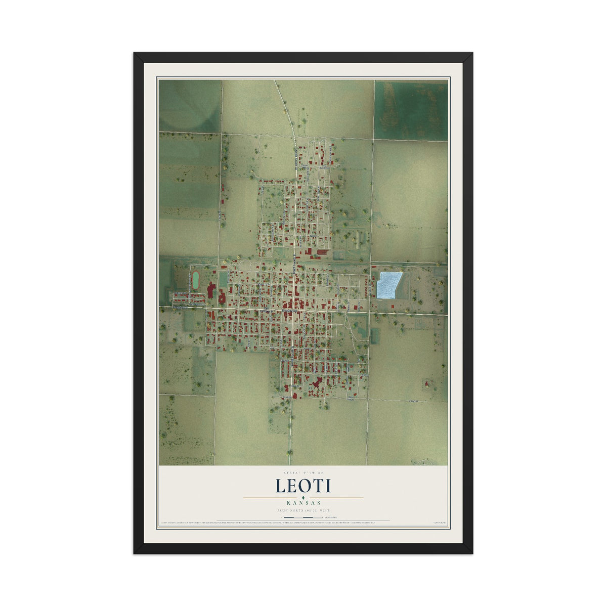 Map of Leoti, Kansas, 12 x 18 inch print in a black wood frame